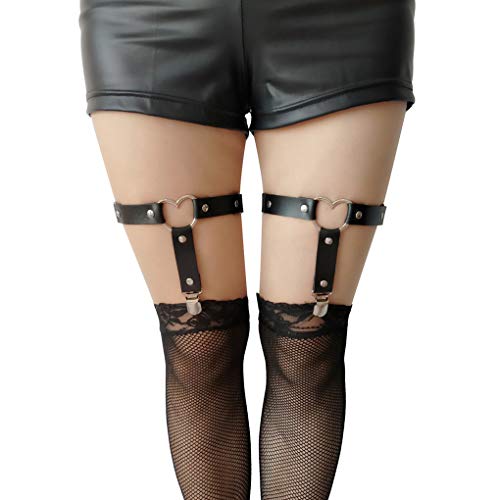 Women Girl Leather Garters Sexy Heart Leg Garter Belt Kawaii Punk Rock Anti-Slip Clips Elastic Garter 2pcs - Black - Adjustable:11.81-21.65"