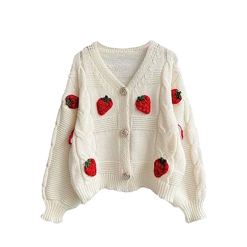 Womens Kawaii Strawberry Knit Cropped Sweater Cute Cardigan Aesthetic for Teen Girls Floral Y2k Korean School Uniform Jacket - Medium - Beige