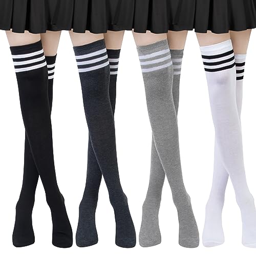 Chalier Apparel Womens Thigh High Socks Cotton Striped Over the Knee Socks Long Knee High Socks for Women - One Size - H-striped Sock Cuffs-4 Pairs