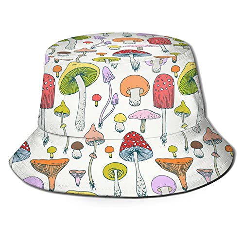 Bucket Hat Summer Beach Sun Hat Packable Fisherman Cap - One Size - Drawn Sketch Forest Mushrooms