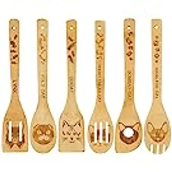 6 pcs Lovely Cat figurines Burned wooden spoons cooking & serving utensils set-Natural bamboo spoon slotted gift set-dog themed Natural Bamboo Cooking Spoons, & Spatulas