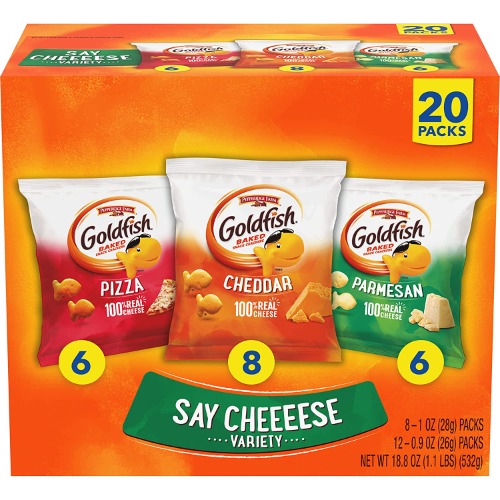 Goldfish Crackers Say Cheeeese Variety Pack with Cheddar, Pizza and Parmesan, Snack Packs, 20 Ct - Say Cheeeese Variety