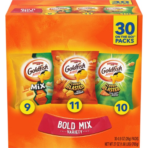 Goldfish Bold Mix Crackers with Cheesy Goldfish Mix, Flavor Blasted Xtra Cheddar and Flavor Blasted Cheesy Pizza, Snack Pack, 1 oz, 30 CT Multi-Pack Box - Bold Mix Variety