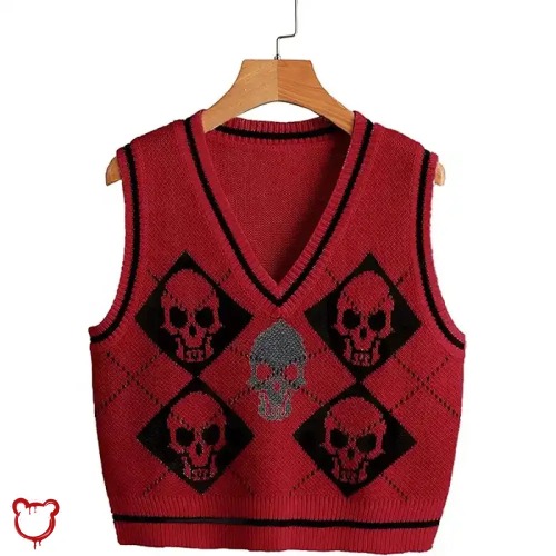 Gothic Skull Checkerboard Sweater - Red / M