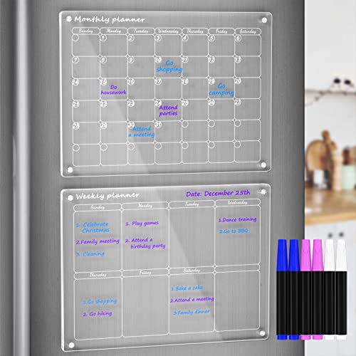 AITEE Acrylic Magnetic Monthly and Weekly Calendar for Fridge, Clear Set of 2 Dry Erase Board Calendar for Fridge Reusable Planner, Includes 6 Dry Erase Markers with 3 Colors(16"x12"Inches) - Monthly and Weekly Calendar