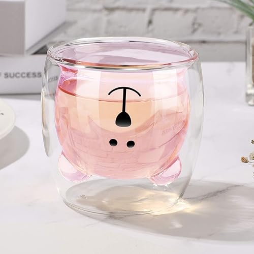 Patelai Cute Bear Tea Cup Duck Cat Coffee Mug Milk Double Wall Glass Chocolate Cappuccino Cup Gift for Women Men Christmas Gifts, 200 ml(Pink Bear, 1 Piece)