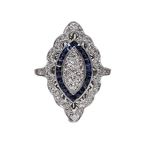 Cutesmile Antique Edwardian Silver Filled Blue Sapphire CZ Crystal Eye-shape Ring Band - 9