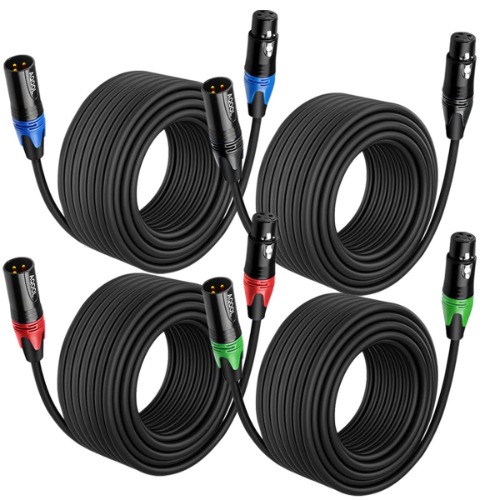 AQOOL 25FT XLR Cables, Gold-Plated 3 Pin Microphone Cables XLR Male to Female Mic Cable Cord, Colored Connectors Balanced XLR Patch Cables, Ideal for Microphone Audio Mixer Speaker System (4 Pack) - 25.0 Feet