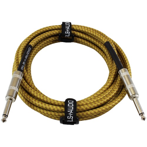 GLS Audio Instrument Cable - 1/4 Inch TS to 1/4 Inch Instrument Cable for Bass/Electric Guitar- Brown/Yellow Braided Tweed, 15ft - 15 Ft. Straight Gold
