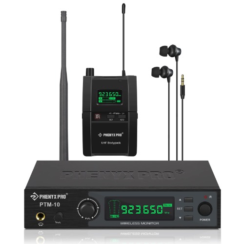 Phenyx Pro UHF Stereo Wireless in Ear Monitor System, Wireless IEM, 900MHz Band Selectable Frequency, Rack Mountable, 160 ft. Operation, Ideal for Stage, Studio, Exhibit, Lecture, Speech (PTM-10) - 1 receiver+1 transmitter