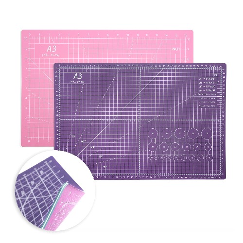 Self Healing Cutting Mat 18"x12" Non-Slip PVC Double Sided 5-Ply A3 Art Craft Rotating Mat, Rotary Cutting Mat for Quilting, Sewing Crafts Hobby Fabric Precision Scrapbooking Project(Pink/Purple) - Pink , Purple