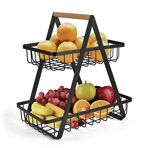 DEFLECTAIR 2-Tier Countertop Fruit Basket Fruit Bowl Bread Basket Vegetable Holder for Kitchen Storage, Black