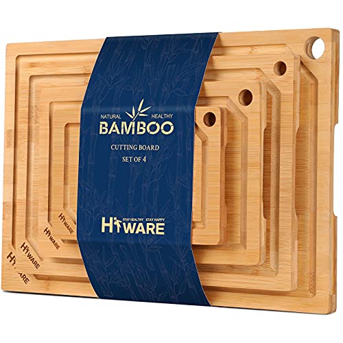 Hiware 4-Piece Extra Large Bamboo Cutting Boards Set for Kitchen, Heavy Duty Cutting Board with Juice Groove, Bamboo Chopping Board Set for Meat, Vegetables - Pre Oiled - 4-piece