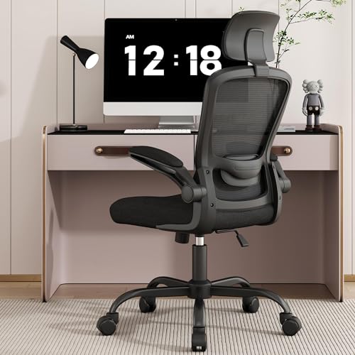 Home Office Chair, Ergonomic Desk Chair with Adjustable Lumbar Support, High Back Computer Chair- Adjustable Headrest with Flip-Up Arms, Swivel Task Chair for Home Office (Black) - Black - Modern