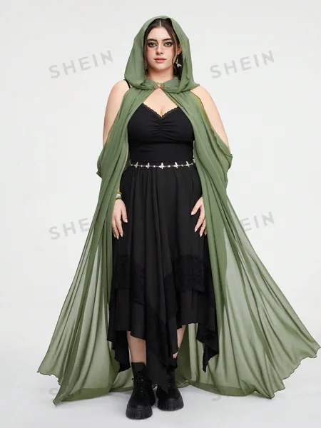 ROMWE Fairycore Plus Size Solid Color Pleated Spaghetti Strap Sleeveless Forest Elf Vintage Cape For Women