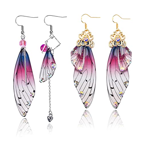 ABONDEVER Cottagecore Butterfly Wing Earrings 1 Pair 14K Gold Foil Fairy Wing Earrings & 1 Pair Fairycore Asymmetrical Earrings for Women Drop Dangle Earrings - Diamond- Silver Purple