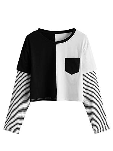 SweatyRocks Women's Color Block Butterfly Print Striped Long Sleeve Crop Top T Shirt - Large - Black White Stripe