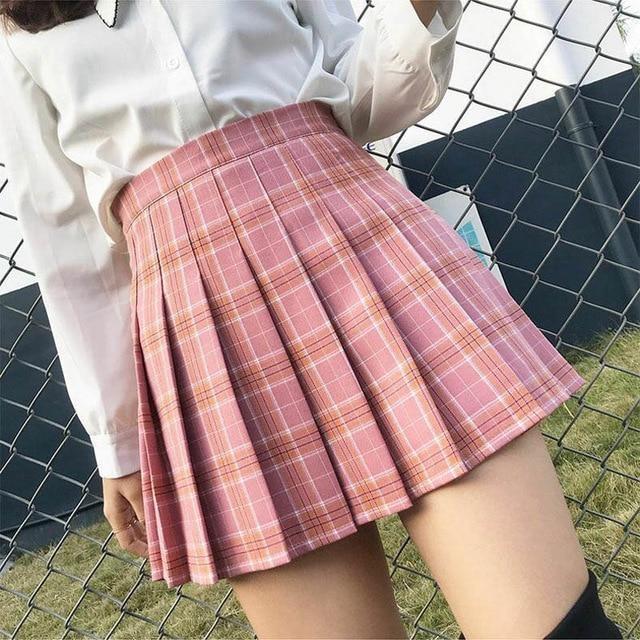 Tartan Plaid School Girl Skirt - Pink Plaid / L