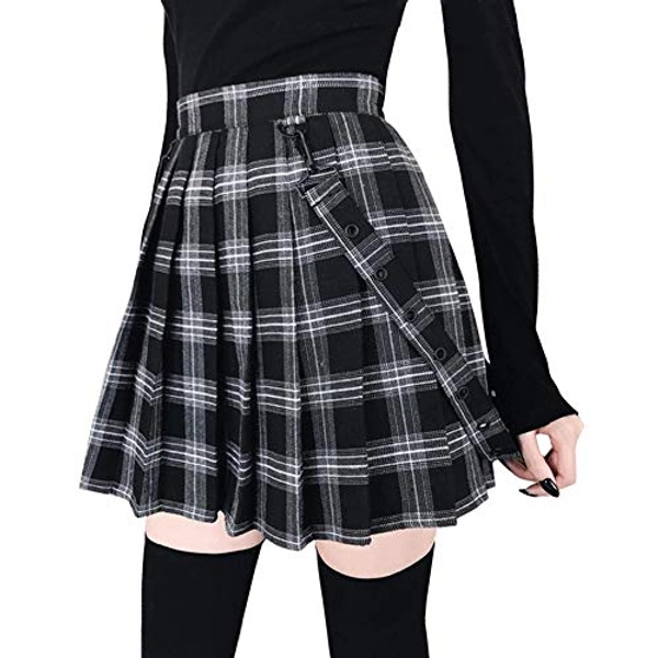 chouyatou Women's Cool Sweet A-Line Decorative Strap Plaid Pleated Mini Skirt - Large - Black