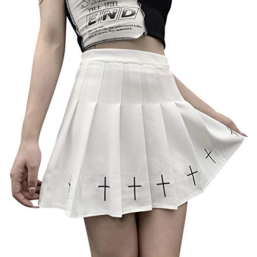 Women's Y2k Lace Patchwork Mini Pleated Skirt Harajuku Gothic A-line Lace Up Ruffle Short Skirts - Large - White