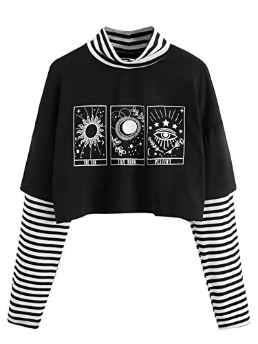 SweatyRocks Women's Color Block Butterfly Print Striped Long Sleeve Crop Top T Shirt - Large - Graphic Black White