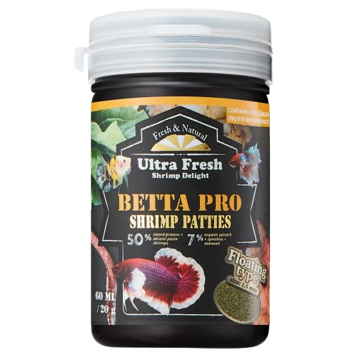 Ultra Fresh Betta Fish Food, Pro Shrimp Patties, 50% Sword Prawns + Akiami Paste Shrimps, All Natural Protein, Rich in Calcium, for Betta's Healthy Development and Cleaner Water, 0.7 oz - 0.7 Ounce (Pack of 1)