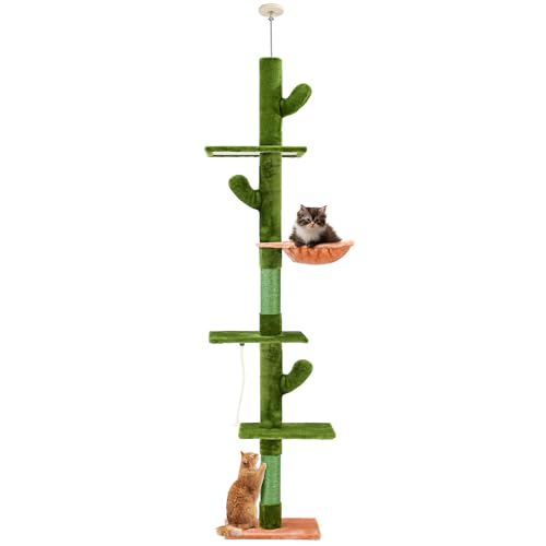 PAWSCRAT Cat Tree, 5-Tier Floor to Ceiling Cactus Cat Tree, Cat Tower with Cozy Hammock, 89-109 Inch Adjustable Height, Sisal Cat Scratching Post Sturdy Platforms, Green - Large