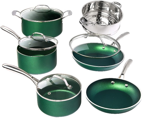 Granitestone Diamond Granite Stone Classic Emerald Pots and Pans Set with Ultra Nonstick Durable Mineral & Diamond Tripple Coated Surface, Stainless Steel Stay Cool Handles, 10 Piece Cookware, Green - 10 Piece Cookware Green