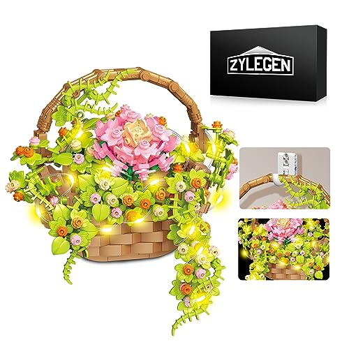 ZYLEGEN Bonsai Flowers Building Kit with Basket and Flower Basket Hook,DIY Plant Flower Bouquet Building Blocks,Artificial Succulent Orchid Botanical Collection Table Wall Home Decor Gift(691Pcs) - D2