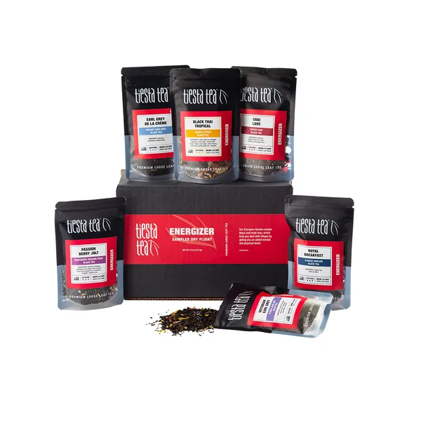 Tiesta Tea Energizer Tea Sampler Set, Up to 60 Cups, High Caffeine, Hot & Iced Tea, Loose Leaf Tea Variety Pack with Black & Chai Tea, 6 Sample Pouches - Black Tea Sampler Set