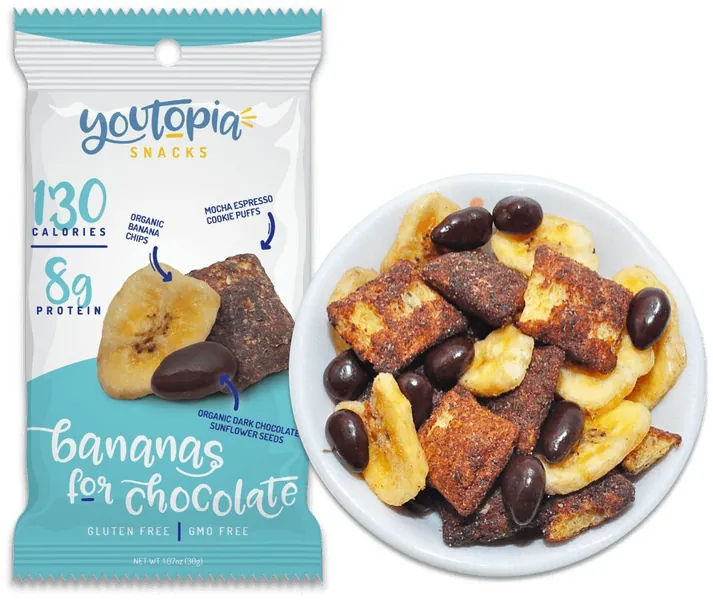 Youtopia Healthy Snacks, 130 Calories, High Protein Snack Mix, Low Sugar, Low Calorie Snacks, Gluten Free, GMO Free, Heart Healthy Snacks, Banana Trail Mix, Bananas for Chocolate, 1 Oz, Pack of 10