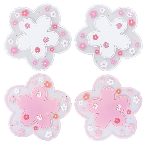 Mujinshow 4pcs 4.5inch Kawaii Sakura Cup Coasters, Cute Pink Macrame Drinks Coasters, Funny Silicone Coasters for Wooden Coffee Table, Flower Desk Cup Mat, Cherry Blossom Coaster for Women Mom Gifts - 