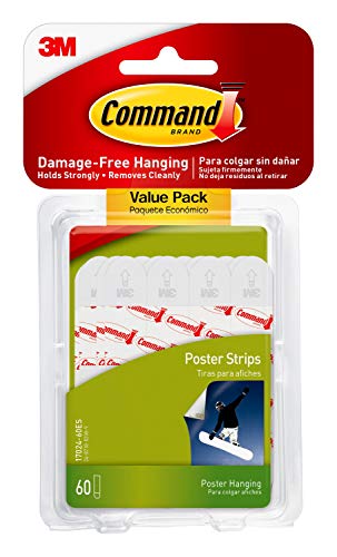 Command Poster Strips, Damage Free Hanging Poster Hangers, No Tools Wall Hanging Strips for Posters, 60 White Command Adhesive Strips - 60 Strips