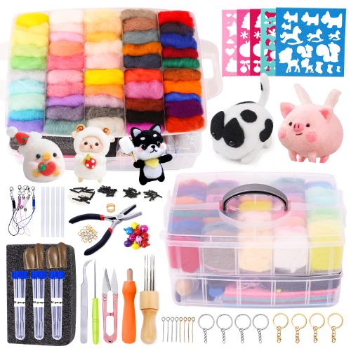 QMNNMA 241 Pcs Needle Felting Kit - Complete Needle Felting Tools and Supplies with Felt Wool 50 Colors, Felt Molds, High Density Foam Pad Storage Box for DIY Craft Animal Home Decoration