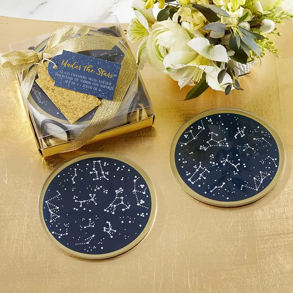 Kate Aspen Under The Stars Glass Coaster with Holder (Set of 6), Home Décor & Gift Set, Party Favor, Take Home Gift, Wedding Decoration, Navy - Under The Stars (Set of 6)