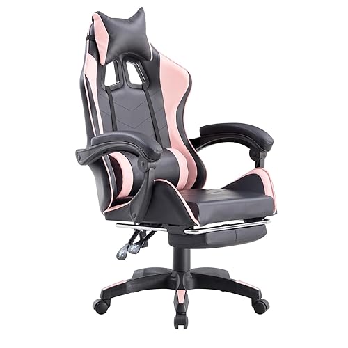 WeHome - Sedia da Gaming Racing Ergonomica Reclinabile con Braccioli, Poltrona Ufficio Girevole con Rotelle, Poggiapiedi, Poggiatesta e Cuscino Lombare in Similpelle, Portata: 125kg (Rosa) - Normal - Rosa