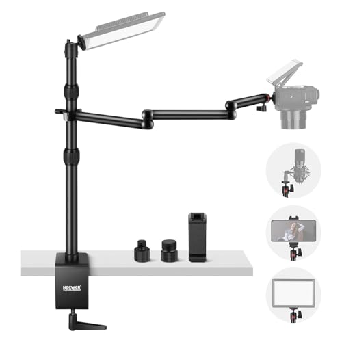 NEEWER Upgraded Overhead Camera Rig with Trifold Camera Boom Arm (Max Load 2lb), 47"/1.2m Telescopic Desk Mount Stand (Max Load 8.8lb) with Phone Clamp Ball Head for LED Light Webcam Mic, TL253A+MH022 - TL253A+MH022