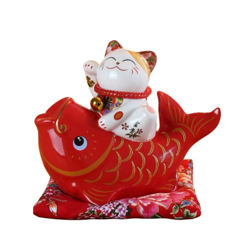 Chinese Feng Shui Witte Keramische Lucky Cat Figuur Maneki Neko Fortune Cat Spaarpot Lucky Charm Piggy Bank Kat en Vis,Rood