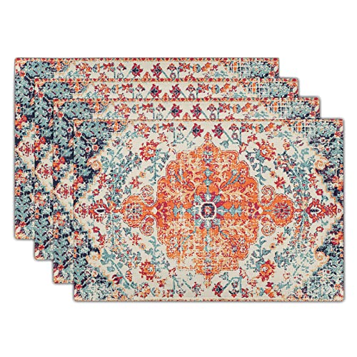 Ethnic Boho Placemats Set of 4 Southwest Orange Blue Teal Carpet Woven Texture Linen Washable Kitchen Dining Table Mats Stain Heat-Resistant Desktop Decor Place Mats for Home Party Indoor 12x18 in - Carpet1 - 18x12 Inches