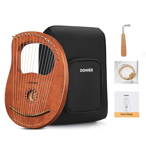 Donner Lyre Harp, 16 Metal Strings, Mahogany Body and Copper Saddle DLH-003 Lyre Harp with Tuning Wrench, Spare String Set, Black Gig Bag, Manual, Ancient Greece Style - 16 Strings