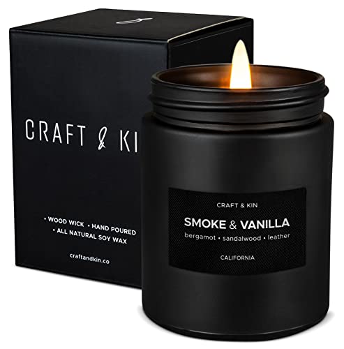 Craft & Kin Smoke & Vanilla Candle | Scented Candle for Men | Fathers Day Gifts | Soy Candle | Scented Candle for Home Scented | Black Candles | Long Lasting Candles with 45 Hour Burn Time 7.6oz - Smoke & Vanilla - Black Jar - 7.6oz