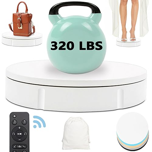 Prolee Rotating Display Stand 320lbs Capacity, 360 Degree Rotating Turntable 12 Inch, Turntable for Photography, Automatic Remote Control Display Platform with 5 Colour Surface Covers and Carry Bag - White
