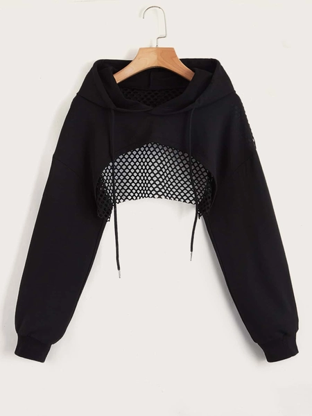 SHEIN Street Sport Drop Shoulder Drawstring Hollow Out Super Crop Sports Hoodie Without Cami Top