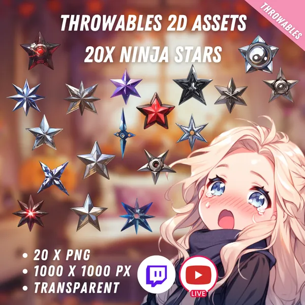Bundle of Throwable Cute Ninja Stars Assets 24x | Transparent | Kawaii | 2D Digital Assets | Digital Download | Stream Decoration