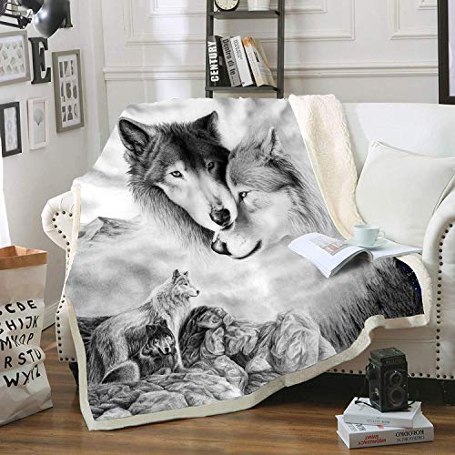 FYYFES Home Gray Wolf Blanket Comfort Warmth Soft Cozy Air Conditioning Machine Wash Black and White Rose Skull Sherpa Fleece Blanket (Throw 60"x80") (Gray Wolf), Queen - Gray,white