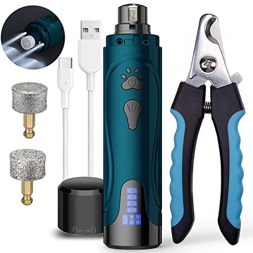 Dog Nail Grinder, Dog Nail Trimmers and Clippers Kit, Super Quiet Electric Pet Nail Grinder, Rechargeable, for Small Large Dogs & Cats Toenail & Claw Grooming,3 Speeds, 2 Grinding Wheels - B-blue green