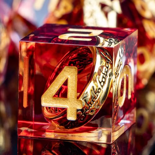ORIFANTOU Magic Lord of The Rings DND Dice Set Sharp Edge Red Resin Dice with Box, Golden Ring Inclusion D&D Dice RPG Role Playing Games, Dungeons and Dragons D and D Polyhedral Dice Set