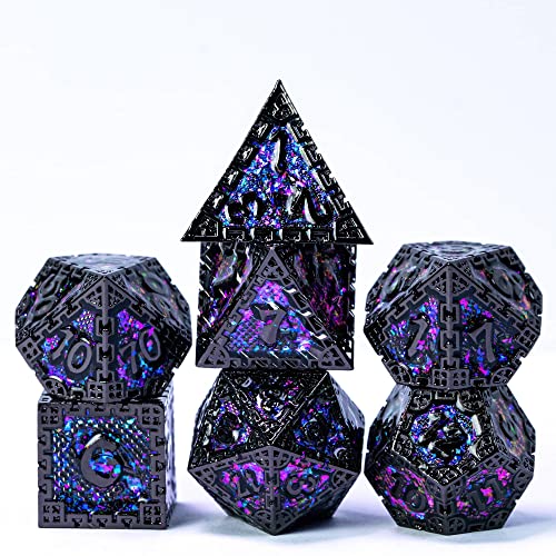 Cusdie Metal Dice Set, 7 Pcs DND Metal Dice, Dragon Scale Polyhedral Dice Set, for TTRPG Role Playing Game D&D Dice (Black with Purple Blue Glitters) - Black With Purple Blue Glitters
