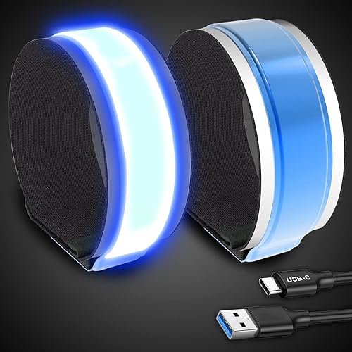 PEAKFIRE 2 Pack USB-C Rechargeable Safety Lights for Runners, 360° Reflective LED Bracelets Armbands Reflectors for Walking at Night - Blue(2 Pack)