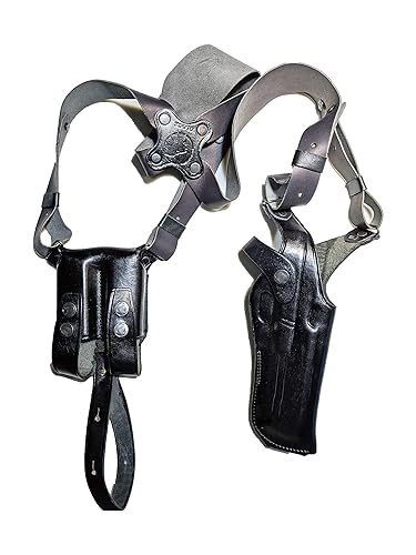 Leather Vertical Shoulder Holster System with Double Magazine Carrier - Fits Standard 1911 5" BBL (Colt, Kimber, para, Springfield) - Right Hand Draw - Black